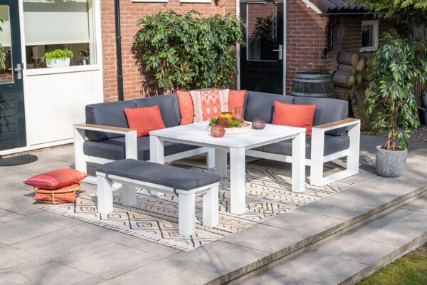 Cube hoek loungeset - 3-delig - mat wit - teak look - reflex black - Afbeelding 2