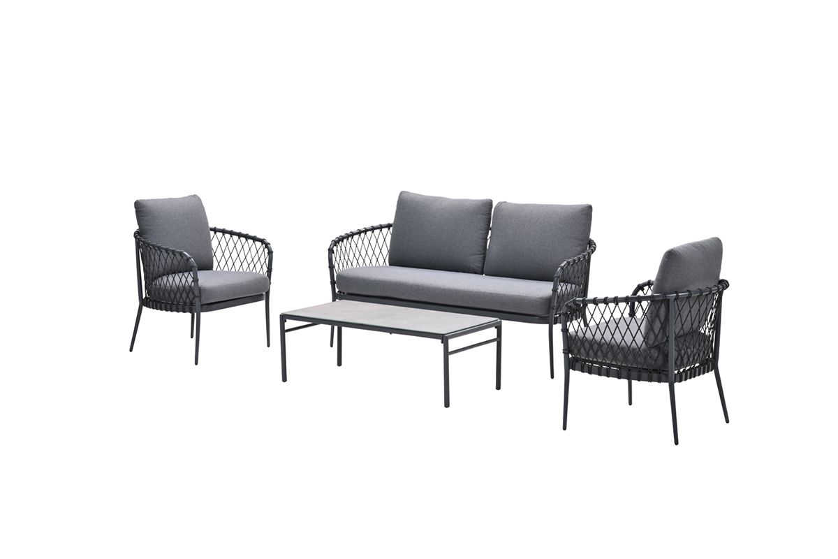Tropea loungeset - 4-delig - carbon black - TPU rope donker grijs - mystic grey - grijs slate look glas