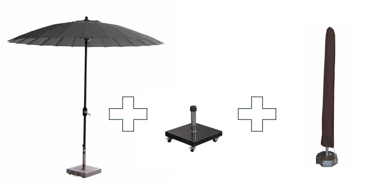 Set van ronde Manilla parasol - met parasolvoet en beschermhoes - 250 cm - Donkergrijs