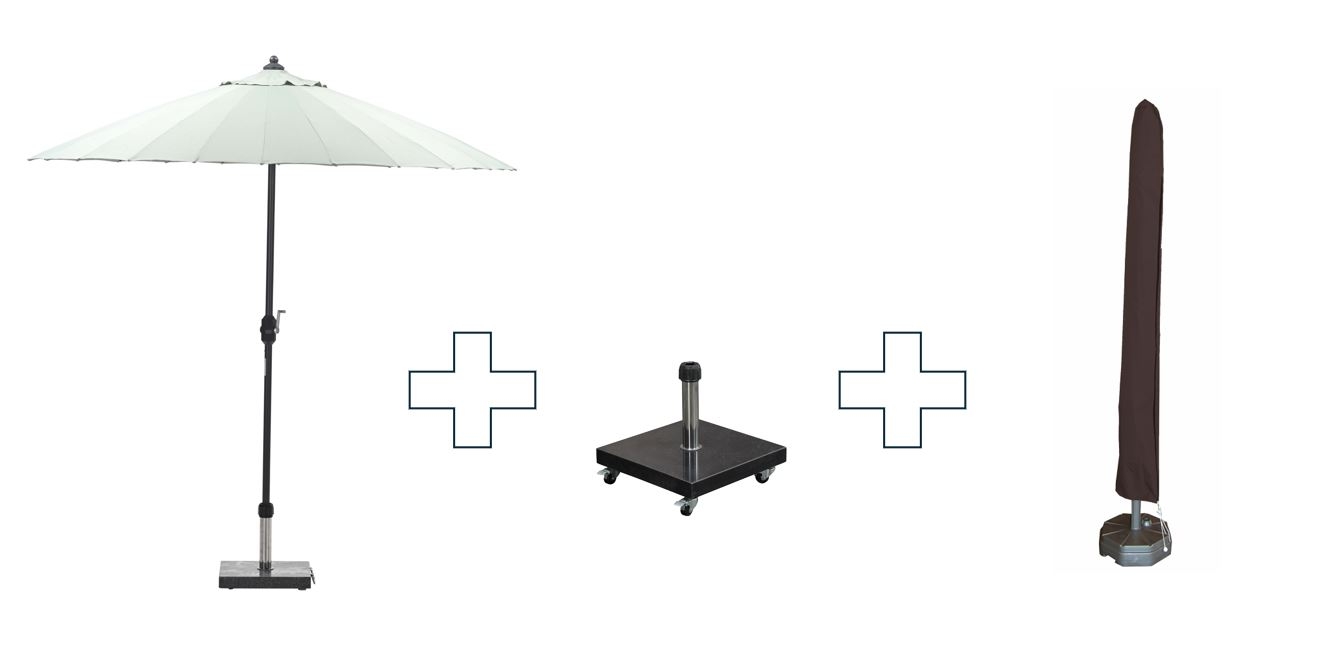 Set van ronde Manilla parasol - met parasolvoet en beschermhoes - 250 cm - Olijfgroen