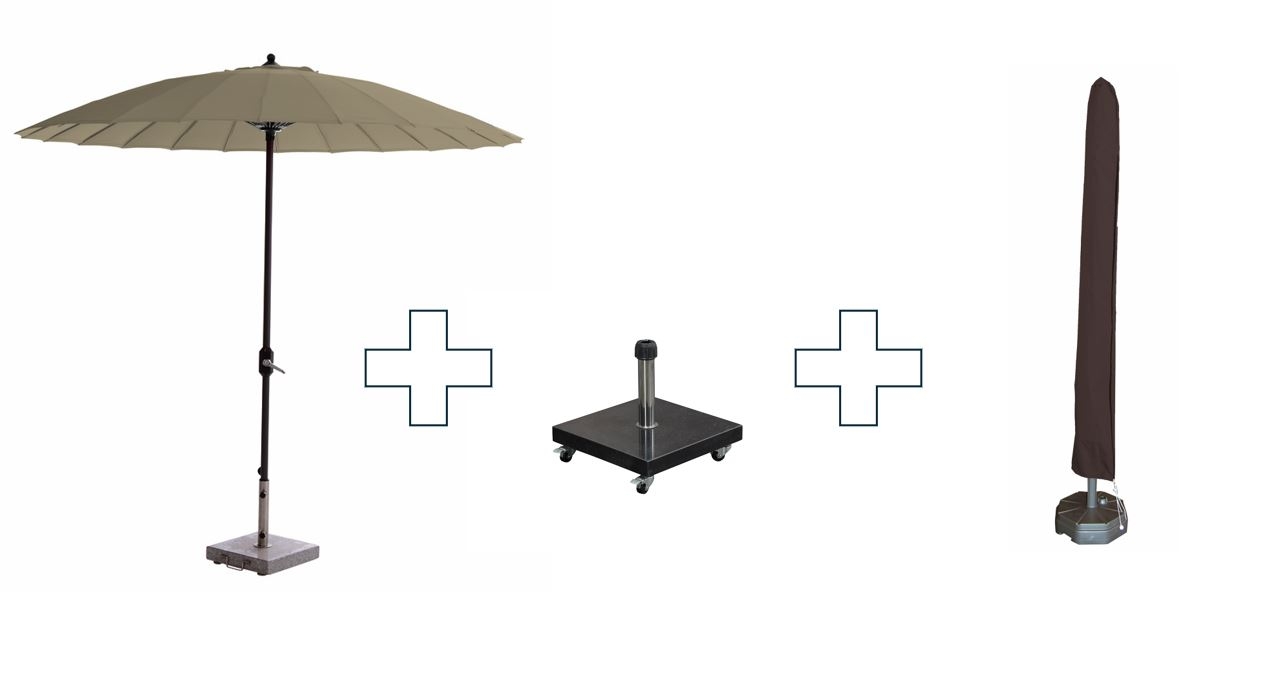 Set van ronde Manilla parasol - met parasolvoet en beschermhoes - 250 cm - Taupe