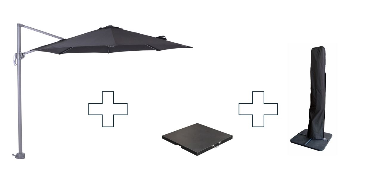Garden Impressions Hawaii S zweefparasol rond 300 cm zwart met granieten voet 60 kg en hoes – complete set