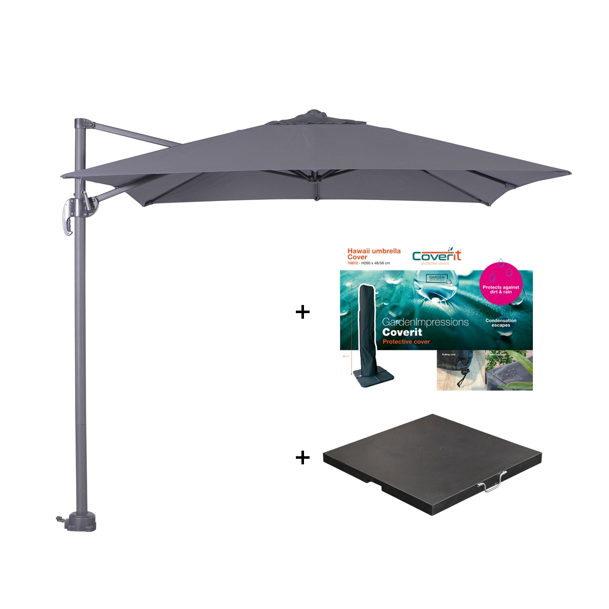 Garden Impressions Hawaii S zweefparasol vierkant 250x250 cm donkergrijs met granieten voet 60 kg en hoes – complete set