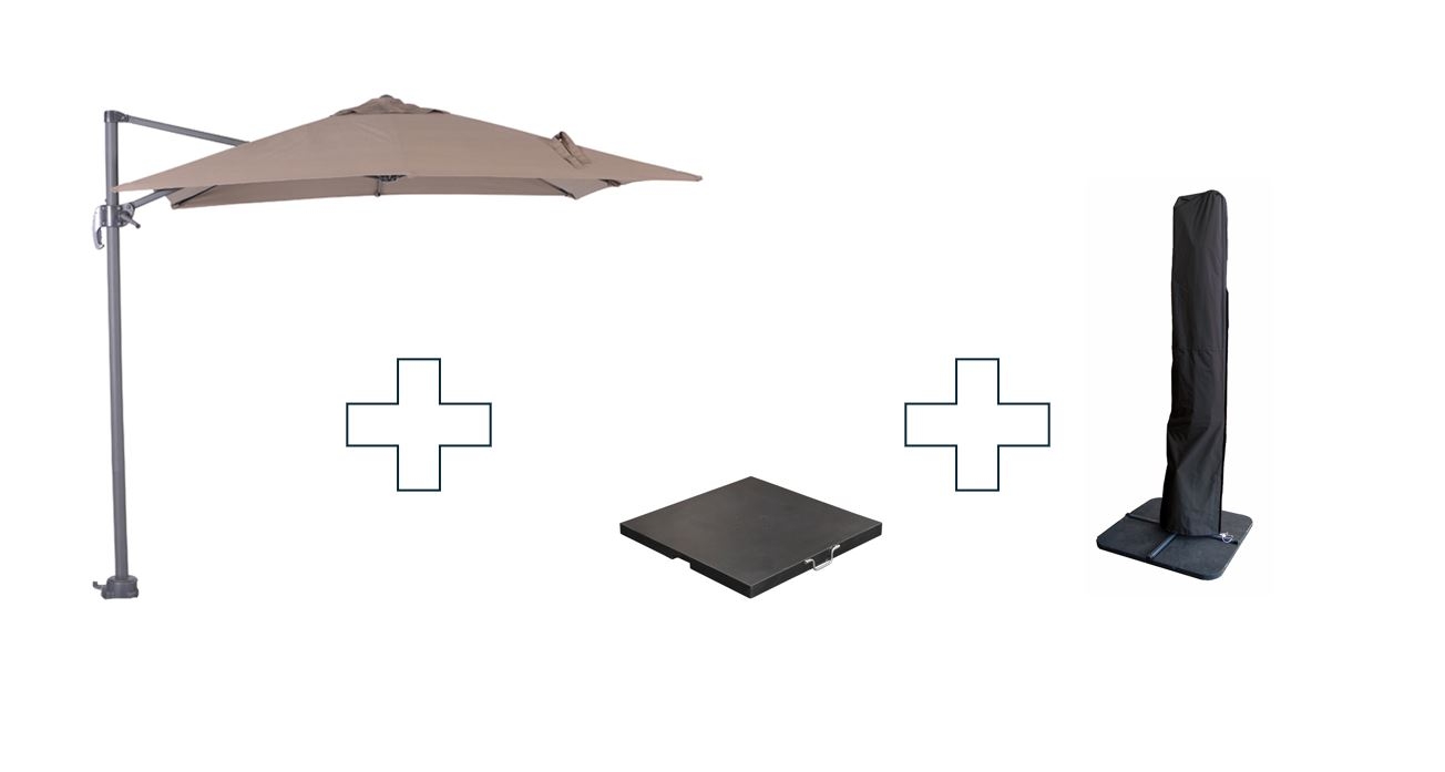 Garden Impressions Hawaii S zweefparasol vierkant 250x250 cm taupe met granieten voet 60 kg en hoes – complete set