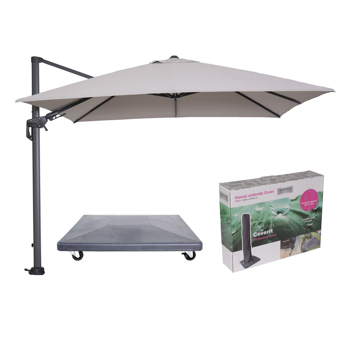 Garden Impressions Hawaii parasol - 3x3 m - zand doek - inclusief 90 kg parasolvoet en hoes