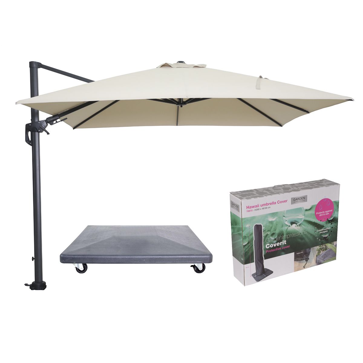 Garden Impressions Hawaii parasol - 3x3 m ecru doek - inclusief 90 kg parasolvoet en hoes