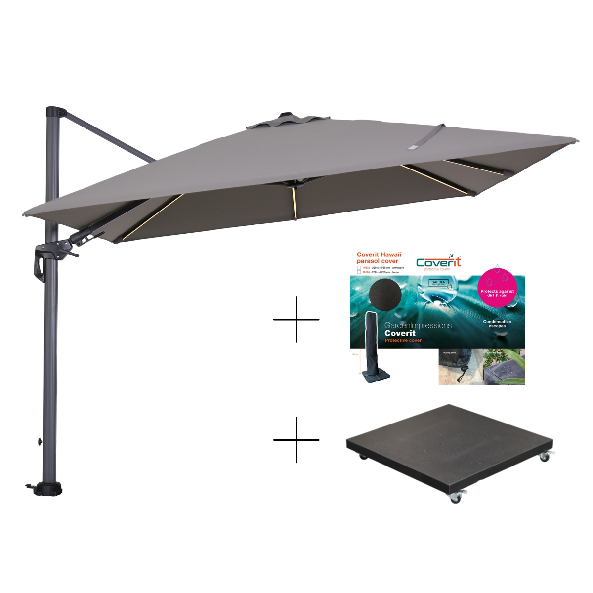 Garden Impressions Hawaii Lumen parasolset 300x300 LED lichtgrijs doek