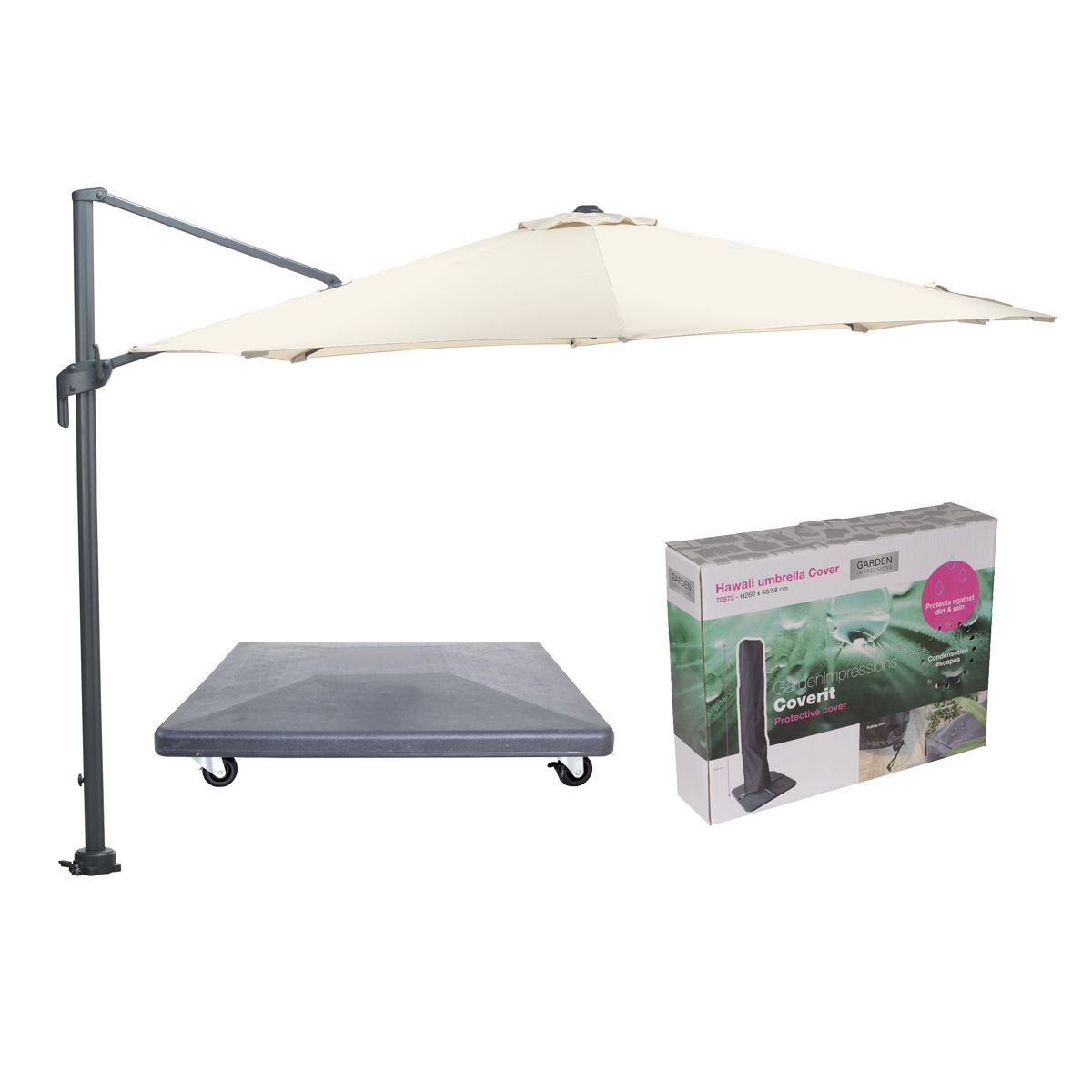 Garden Impressions Hawaii Mono parasol - Ø330 cm - ecru doek - inclusief 90 kg parasolvoet en parasolhoes